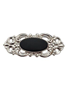 Beau Sterling Silver Oval Fleur Scroll Onyx Brooch Repousse Pin, Signed J654